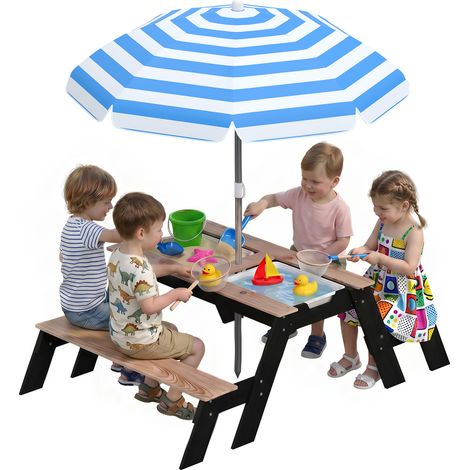 AIYAPLAY 3 in 1 Wooden Kids Picnic Table and Bench Set with Parasol, Natural