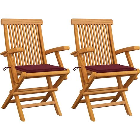 Chaises de jardin coussins rouge bordeaux lot de 2 Teck massif