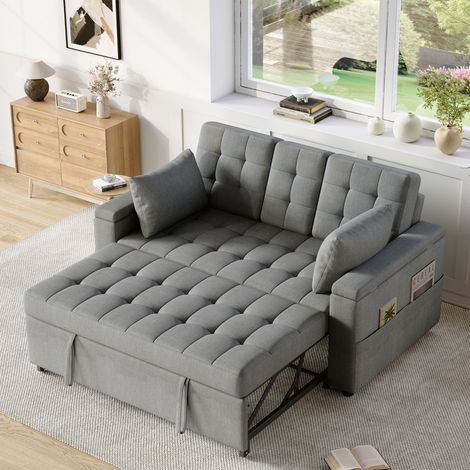 Canapé d’angle convertible 2 places avec rangement, canapé en L en lin avec méridienne Gris, 159 x 142,5 x 92 cm (1/5)