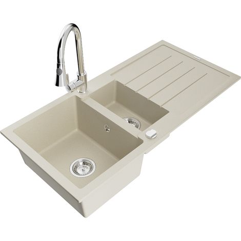 Mexen Andres 1,5-Becken-Granitspüle mit Abtropffläche und Mischbatterie Elia, Beige - 6515-69-670101