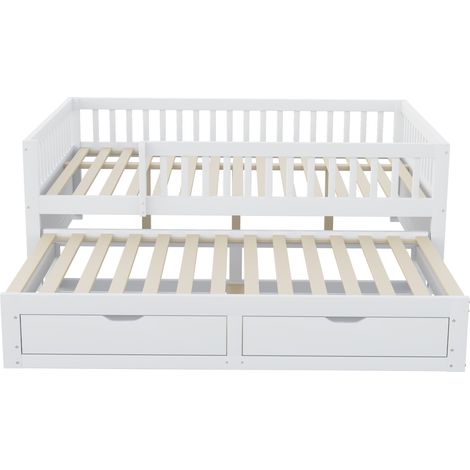 Tagesbett 140x200 cm mit Ausziehbett, 2 Schubladen und Sicherheitsgittern, weiß (1/5)