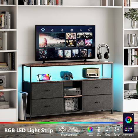 Mobile porta TV 108 cm - con 4 cassetti in tessuto nero, illuminazione a LED, struttura in ferro, piedini regolabili in altezza, mobile porta TV moderno - Marrone (1/4)