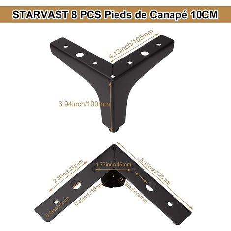 Lot de 8 - Pieds De Canapé Metal 10 cm - Pieds De Table Basse Métal Charge jusqu'À 600 kg De Meuble Noir - Support De Table En Fer Forge/sofa (1/5)