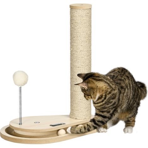 PawHut Kratzstamm für Katzen, 40 cm, Kletterbaum mit Holzkugel-Katzenspielzeug, Drehscheibe Katze Kratzbaum, Katzensäule, Spielbaum, Natur