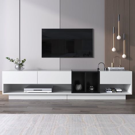 Meuble tv 170cm blanc et noir brillant avec tiroirs et étagères, design à blocs de couleur (1/5)