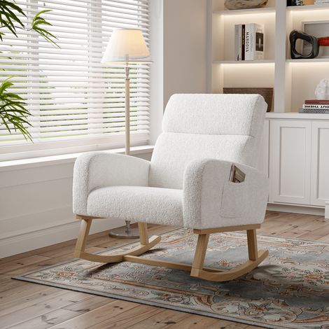 Fauteuil à Bascule Haut Dossier 87x78x69cm, Rocking Chair, Rocking Chair, Accoudoirs Épais et Poches Latérales, pour Salon, Chambre et Coin Détente (Blanc)