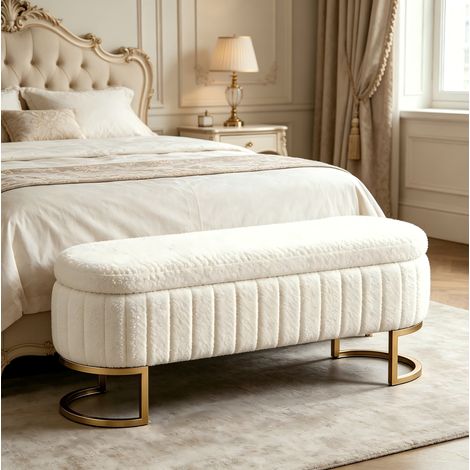 Panca contenitore 129,5 x 42 x 46 cm in velluto, piedini in metallo dorato, crema DESVIAE (1/5)
