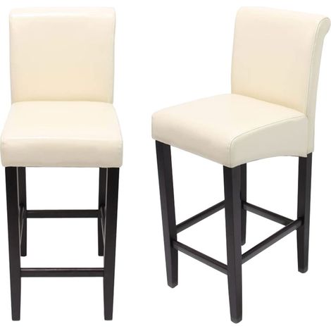 Set di 2 sgabelli da bar in pelle crema con gambe scure e poggiapiedi TDB04002