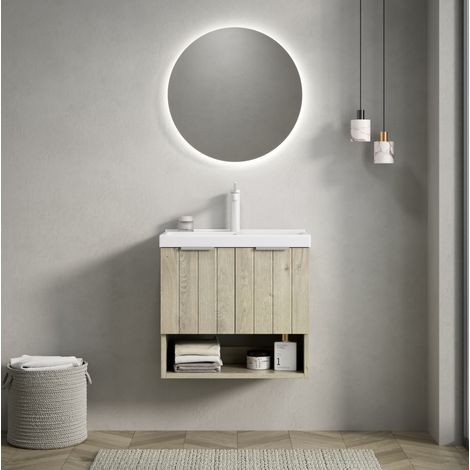 Mueble de baño suspendido 55 cm con lavabo cerámico blanco y 2 puertas, roble claro (1/5)
