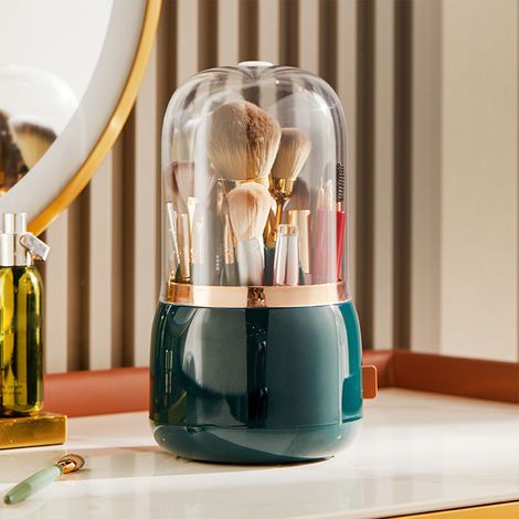 Luxuriöser, multifunktionaler Aufbewahrungsbehälter für Make-up-Pinsel, staubdichtes Make-up-Etui für Lippenstifte, Augenbrauenstifte, Kosmetikaufbewahrungsbox, drehbarer Pinselhalter, dunkelgrün. (1/5)