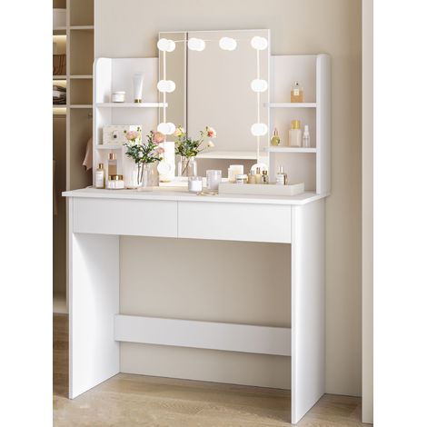 Coiffeuse avec Miroir LED à Luminosité Réglable WOLTU, Table de Maquillage avec 2 Tiroirs et 4 Étagères de Rangement en Bois, 40 x 90 x 135 cm, Blanc