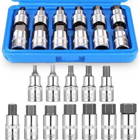 12PCS Jeu de Clé à Douille Hexagonale, Jeu de Douilles à Six Pans Creux 1/2" 5-22mm CR-V Douille Allen 5, 6, 7, 8, 10, 12, 14, 16, 17, 18, 19, 22 mm Jeu de Embouts Douilles Hexagonales 1/2'' (1/5)