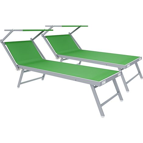 Coppia Di Lettini Verde Prendisole Pieghevole Professionale In Alluminio Tettuccio Orientabile Tettino Parasole Sdraio Lettino Prendi Sole Mare Spiaggia Piscina Giardino 182 x 60 x 38 cm