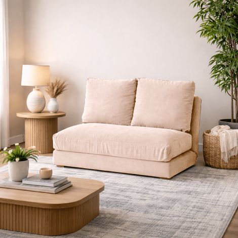 Schlafsofa Zweisitzer aus cremefarbenem Japandi-Stoff – niedrige