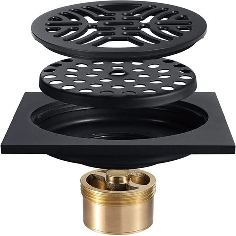 Shower Drain, 4 Inch Round Brass Floor Drain with Pattern Grate Removable Matte Black Floor Drain for Bathroom Kitchen Hotel