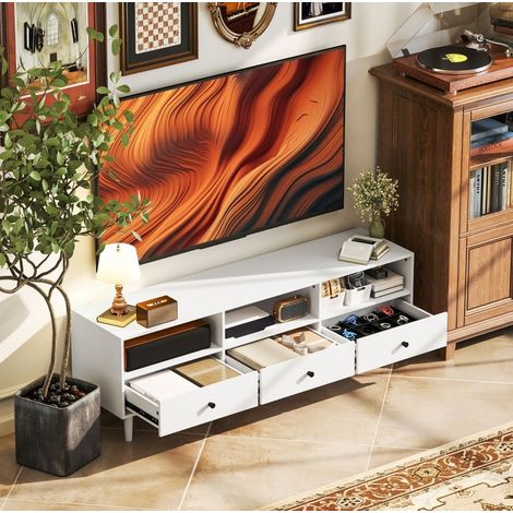 Mueble TV 140x34x45 cm blanco de madera con 3 cajones, 3 huecos abiertos y gestión de cables (1/4)