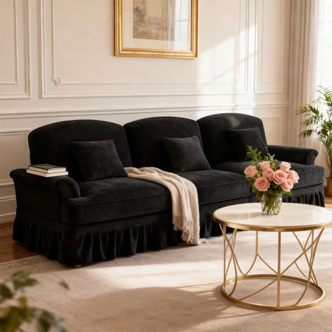 Canapé droit 3 places 272 cm + jupe plissée en tissu noir - INGLA (1/5)