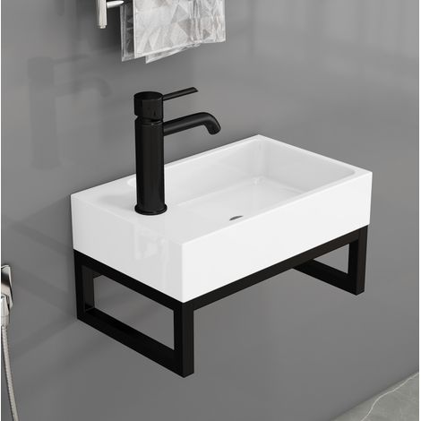 Lavabo sospeso Mini in ceramica 40,2 x 25,1 x 21 cm bianco opaco con telaio nero OKMYHOME (1/5)