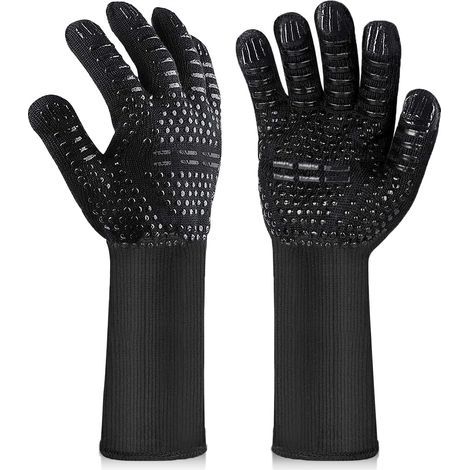 Guantes para barbacoa, guantes de cocina resistentes al calor, guantes de cocina antideslizantes resistentes al calor para barbacoa, parrilla, horno, chimenea, color negro (32 cm de largo). (1/5)