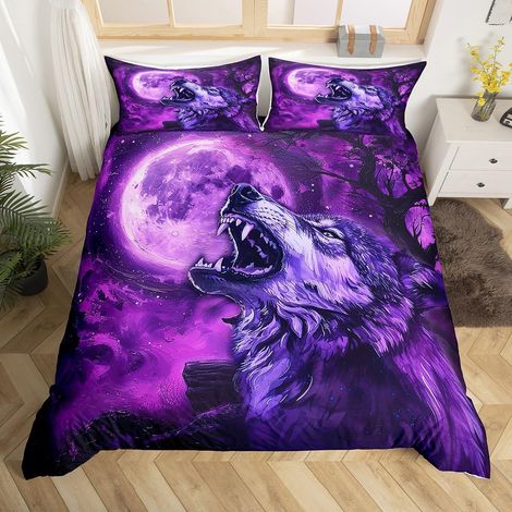 Parure de lit Moon Galaxy Wolf avec housse de couette 135 x 200 cm, style bohème exotique, pour fille, garçon et adulte (1/4)