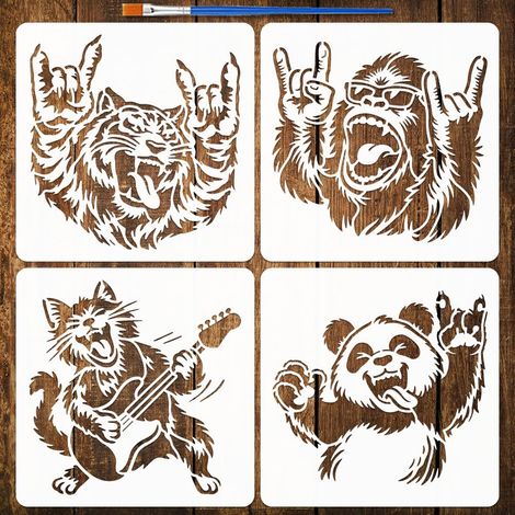 4 Pièces Pochoirs de Peinture d'Animaux Basculeurs avec Pinceau, 20x20cm Pochoir de Tigre Gorille Chat Panda Réutilisable Pochoir d'Animal Musical pour Bois Tissu Mur Papier Meuble (1/5)