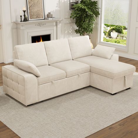 Canapé d’angle 3 places convertible avec rangement, porte-gobelets, USB et dossiers réglables, beige, 237x141x86 cm pour salon moderne – CHICFURN (1/5)