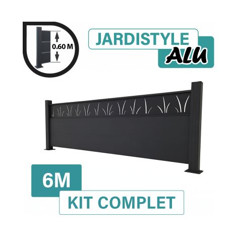 Kit Clôture Aluminium Gris Anthracite 6M - Design Tahiti - Sur Platines - 0,60 mètre