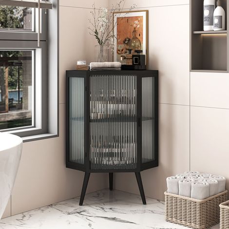 Placard d'angle au sol de 80 cm, deux niveaux avec portes en verre trempé et étagères pour salle de bain, salon et chambre, noir (même SKU : W2552P235175) (1/4)