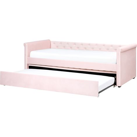 Cama nido tapizada rosa pastel 90 x 200 cm con somier y cabecero acolchado de terciopelo Libourne