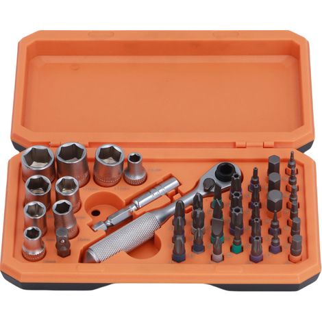 Juego de 42 llaves de carraca S2 para reparación de muebles y bicicletas, caja naranja.