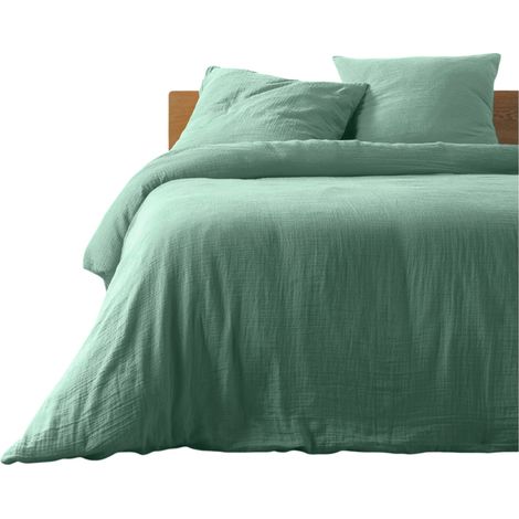 Housse de couette + 2 taies en gaze de coton 220 x 240 cm Tendance sauge