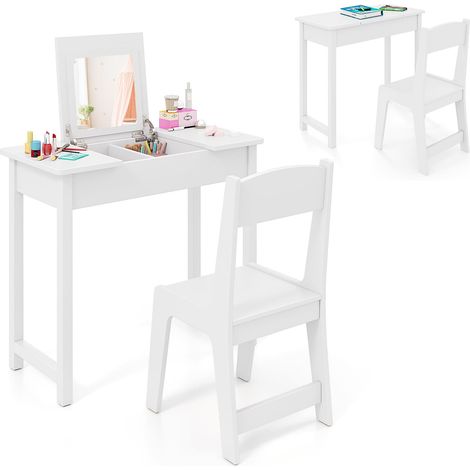 COSTWAY Kids Vanity Set 2 in 1 Vanity Table & Chair Set w/Flip Top Mirror-White (1/5)