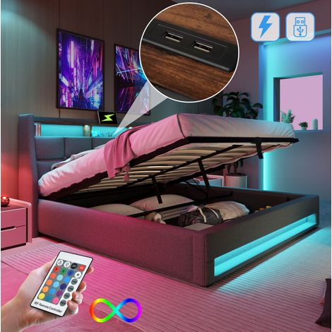 Cama tapizada 160x200 cm de lino gris con LED y USB, con almacenamiento, sin colchón – MEUBLIV (1/5)