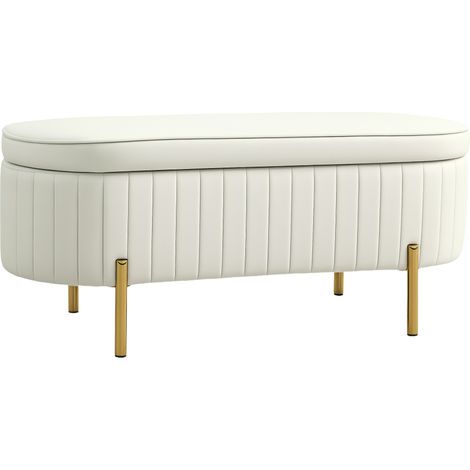 Homcom – Banc de rangement ovale avec couvercle relevable – Tissu velours crème – 72L – Dimensions 108x44x43,5cm – Pieds en métal dorés