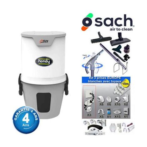 Centrale d'aspiration SACH VAC HANDY garantie 4 ans (jusqu’à 200 m²) + Set inter 9 M + 8 accessoires + kit 3 prises + kit prise balai + kit prise garage (1/5)