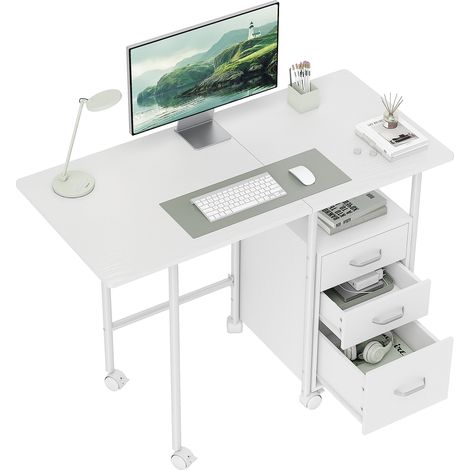 Klappbarer Computertisch auf Rollen mit 3 Schubladen, ausziehbarer Tischplatte, integriertem Stauraum, weiß, 105 x 51 x 75,5 cm