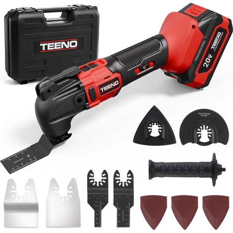 TEENO Outil Multifonction Oscillant Sans Fil 20V, Brushless Outil Multifonction Sans Fil avec 6 Vitesses, 1  4.0A Batterie, Chargeur, Angle Oscillant 4°, Pour Racler, Polir, Couper