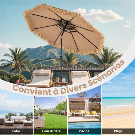 Parasol hawaïen beige à double toit en polyester et paille synthétique avec inclinaison réglable pour jardin, terrasse et plage (1/5)