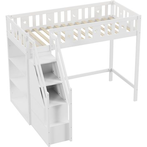 Lit mezzanine 90x200 cm, avec escalier de rangement et étagères, lit simple en bois, lit pour adolescents, lit pour enfants, cadre en bois massif, blanc