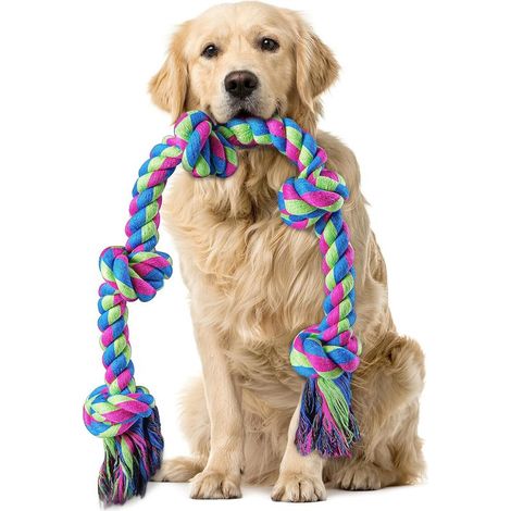 Corde à mâcher en coton robuste et durable de 95 cm (5 nœuds), adaptée aux grands chiens, peut être utilisée pour le nettoyage dentaire. (1/5)