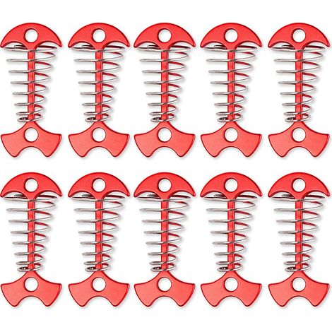 10er-Pack Fischgräten-Ankerpfahl mit Federschnalle für Camping, Wandern, Rot