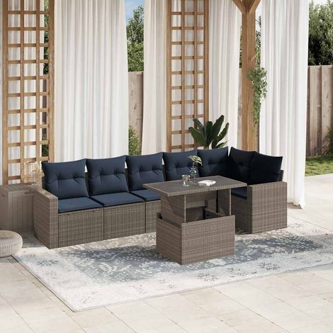 vidaXL Conjunto de sofá de jardín de 7 piezas con cojines, poliratán gris (1/5)
