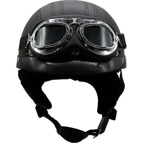 Casque de moto d'été léger en cuir style rétro Harley, avec lunettes de protection, demi-casque tendance, pour véhicules électriques, noir (1/3)