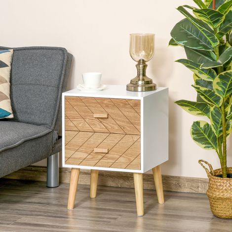 Kommode mit 2 Schubladen, Schlafzimmerschrank, Nachttisch mit erhöhten Beinen für das Wohnzimmer, 40 x 30 x 55,5 cm, Weiß und Natur
