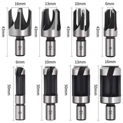 Set of 8 tenon drill bits, plug cutter for wood, wood drill bit set, carbon steel, 6/10/13/16 mm (1/3)