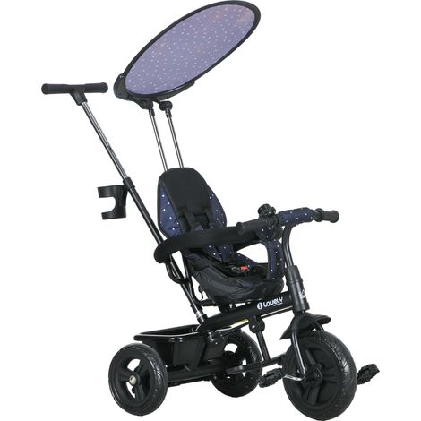 Tricycle Enfants Pare-Soleil Pliable Canne Amovible Benne Rangement 105 x 47 x 98 cm Acier Bleu et Noir