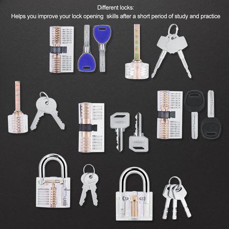 Lot de 7 cadenas transparents avec clés, outil de crochetage pour pratique, kit de démonstration avec crochet extracteur (1/5)