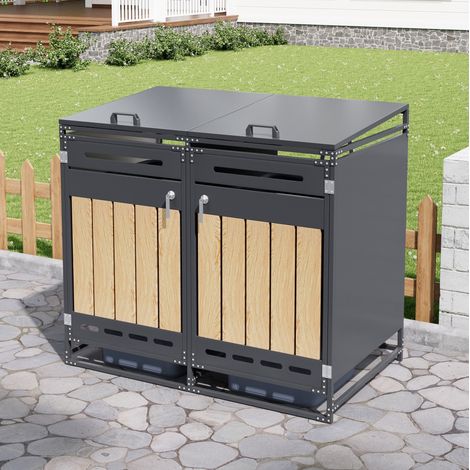 Abri pour poubelles double avec couvercle hydraulique, métal noir, 131 x 79 x 116 cm (1/5)