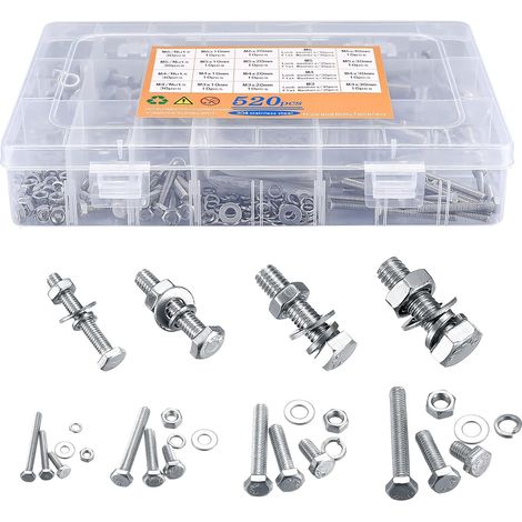 Jeu de Vis Boulons et Écrous, Vis et Ecrou M3 M4 M5 M6 520PCS Kit, vis Boulon et Écrous et Rondelles Set, vis Boulon et Écrou à Tête Hexagonale Acier Inoxydable 304, Avec Boîte de Rangement (1/5)
