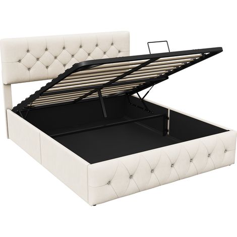 Dans Les Nuages – Lit coffre 160x200 cm – Rangement pratique avec mécanisme à vérin à gaz – Cadre en métal et sommier à lattes en bois – Velours beige capitonné